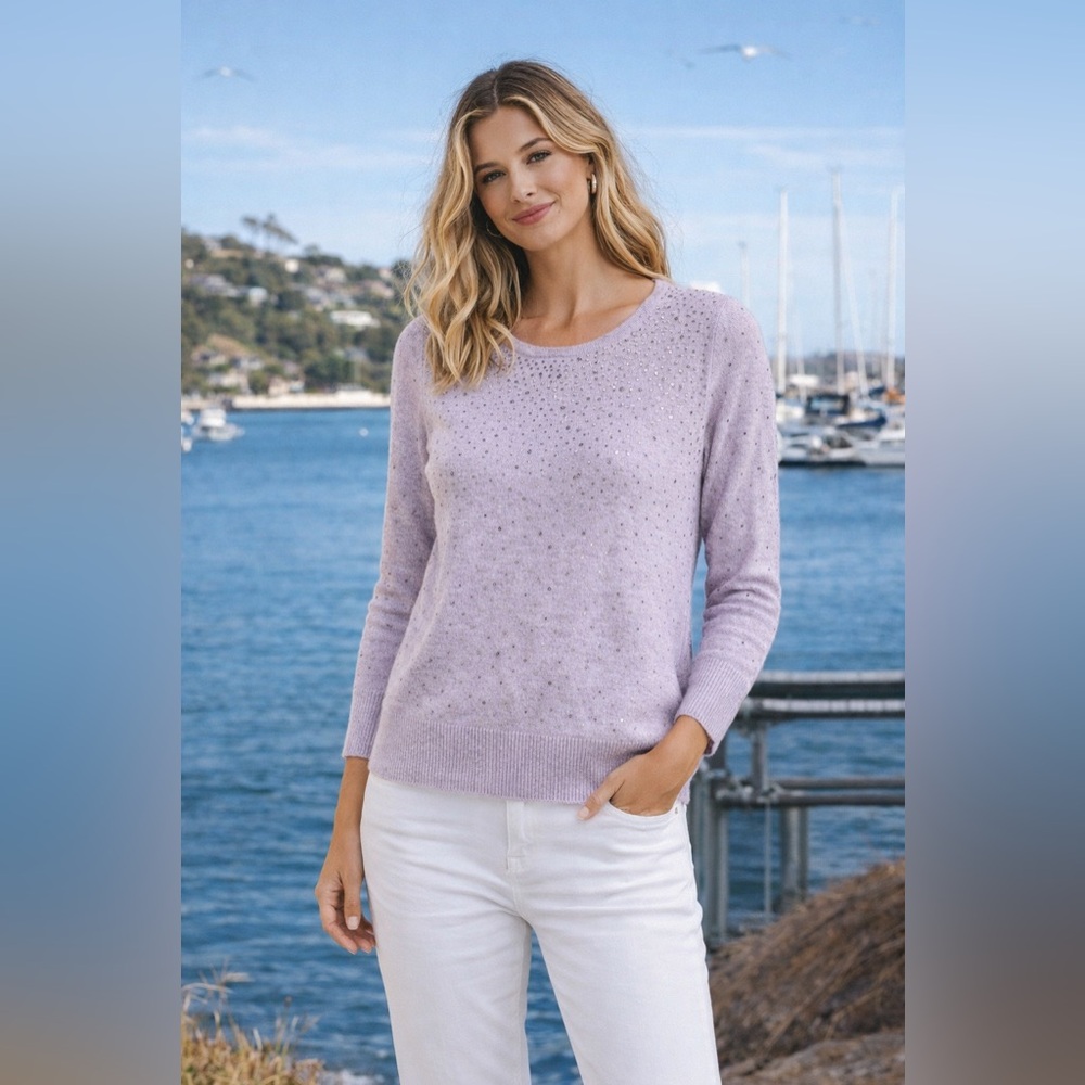 Liquid by Sioni Lavender Rhinestone Sweater Small Wool Blend Soft Knit Glam Top